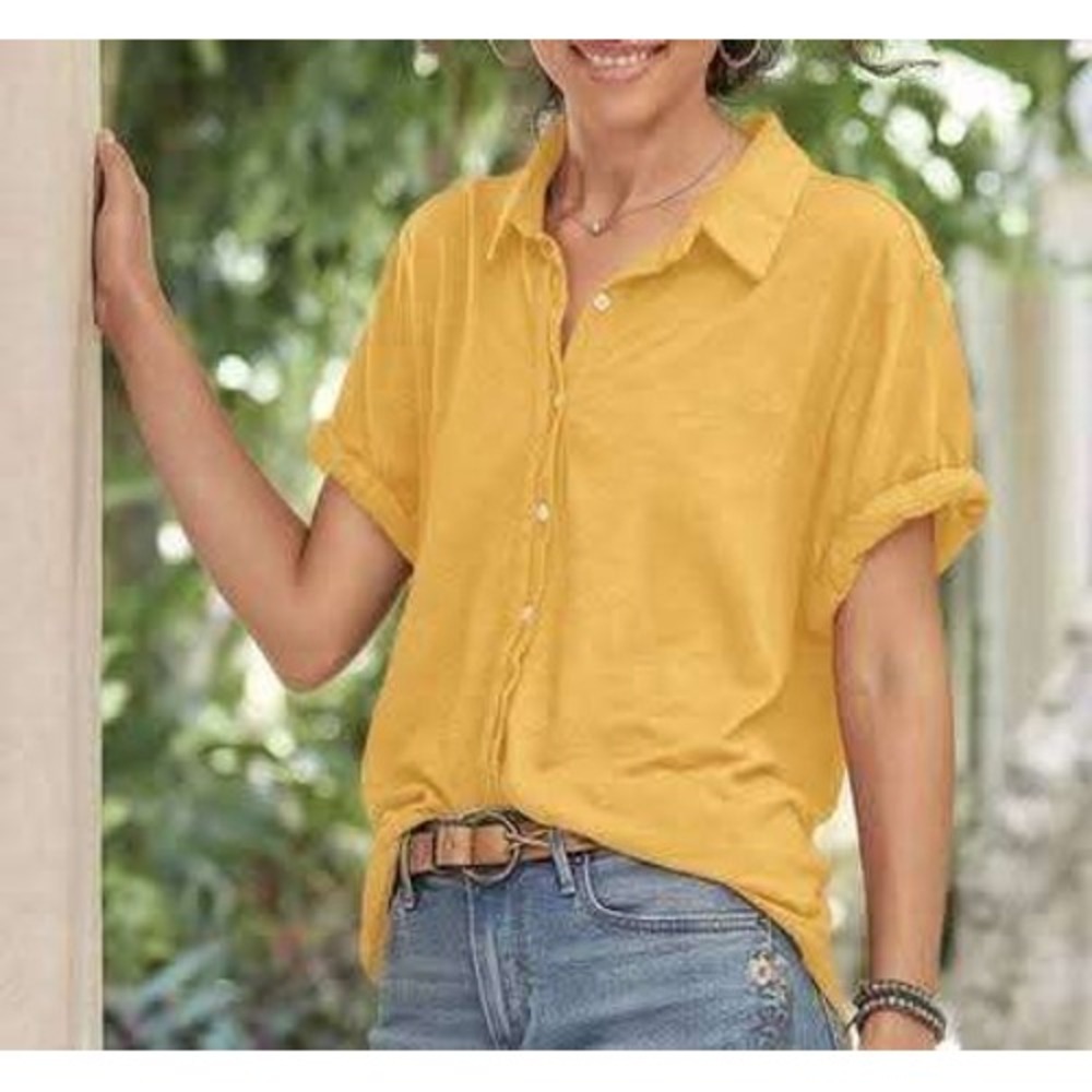 Anthropologie Dylan Button‎ Down Women Medium Yellow Rolled Short Sleeve Top